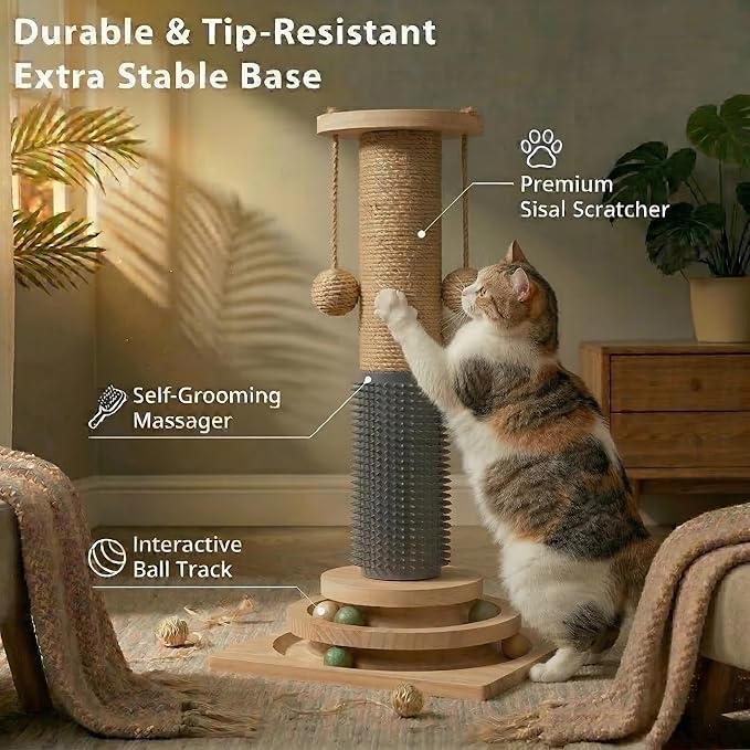 4-in-1 Solid Wood Cat Scratching Post with Self-Groomer, Natural Sisal Scratching Post with 2-Level Track Ball Toy, Interactive Cat Tree & Furniture Protector for Indoor Cats Medium Size