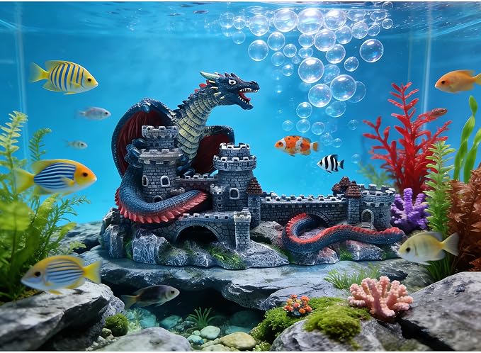 Dragon Castle Aquarium Ornament, Resin Large Fish Tank Decoration with Hiding Caves for Betta, Tropical Fish & Reptiles, Medieval Fantasy Underwater Landscape Decor-10.6 inches in Length