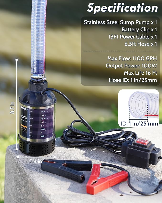 12V DC Submersible Water Transfer Pump w/ 6.6ft Water Hose, Power Button and Battery Clamps, 1100GPH Battery Powered Sump Pump, Portable Submersible Utility Pump for Camping, Rain Barrel