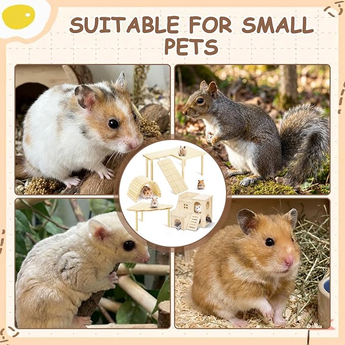 BreezeHug 4 Pcs Hamster Platform Hideout Wooden Tunnel Ladder Playhouse Hamster Game Climbing Toy with Platform Cage Accessories for Pets Dwarf Syrian Mice Degus Gerbils Squirrel(Loft)