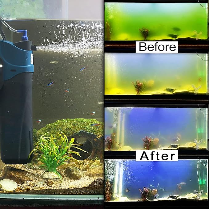 COOSPIDER Fish Tank Filter U-V JUP-02 Submersible Aquarium Filter Green Clean Machine 132gph for 20-60 Gallon Small Fish Tank Internal Pump for Turtle Tank, Air Supply & Oxygen Enhancement