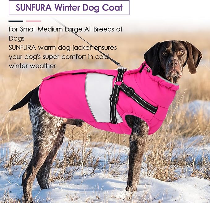 Small Dog Coat with Harness Built in, Warm Dog Jacket Winter with Zipper On Back, Waterproof Pet Snow Jacket Snowsuit Pet Sweater Clothes for Puppy, Hot Pink XS