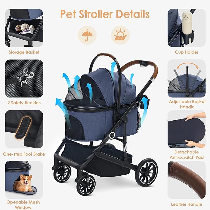 TODEFULL Pet Stroller with 4 Wheels, 3 in 1 Folding Puppy Strollers for Small/Medium Dogs Cats up to 50lbs, Lightweight Pet Travel Carrier with Detachable Cushion, Storage Basket and Cup Holder, Blue