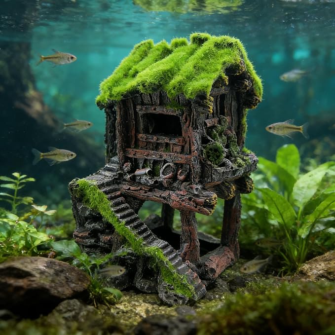 M2cbridge Aquarium Decorations Fish Hideout House Betta Cave with Green Lifelike Moss (Style 4)
