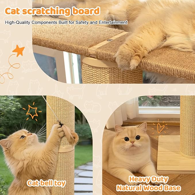 Cat Window Perch Hammock with 3-Piece Detachable Roman Column Sisal Scratching Posts, Gray Fluffy Cusion, Drill-Free Suction Cup Mount, Extra Large for Large Cats & Maine Coons, 60 LBS Capacity