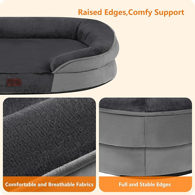 Dwanton Orthopedic Dog Bed for Medium Dogs with Gel Memory Foam, Waterproof Dog Sofa, Washable Pet Bed with Four Sided Bolster Cushion, Removable Cover & Non-Slip Bottom, 28", Dark Gray