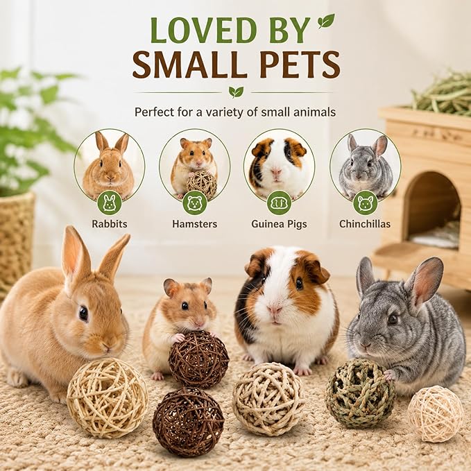 Skylety 15 Pieces Bunny Chew Balls for Rabbits, Small Animal Rolling Grass Toys and Treats for Guinea Pigs, Chinchillas, Hamsters, Mice, Teeth Grinding, Gnawing and Play(Classic Style,2.76")