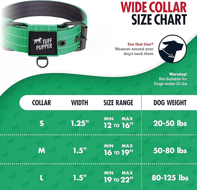 Tuff Pupper Heavy Duty Tactical Dog Collar | 1.5" Wide Ballistic Nylon | Reflective Stitching | Integrated ID Tag Holder | Stainless Steel Buckle | Padded Lining | Medium & Large Dogs (Green, Large)