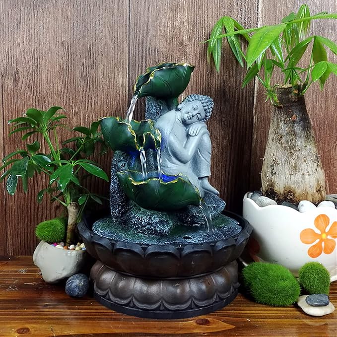 Indoor Fountain Rockery Tabletop Fountain with Buddha Water Feature | Meditation Desktop Fountains for Home Office Decor or Giving 8.1'' x 8.1'' x 11'' with LED Light