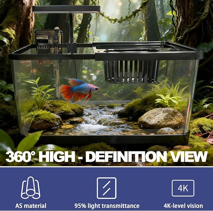 4 Gallon Fish Tank, Aquarium Plastic Starter Kit with Filter, Small Net and LED Light, Fish Tank for Betta, Plastic Nano Aquarium with Lid(15 * 7.87 * 8.07 inch/Black) (4 Gallon Fish Tank)