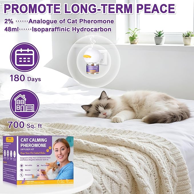 9-in-1 Advanced Cat Pheromone Calming Diffuser 180 Days (3 Plugs+6 Refills), Relieve Anxiety, Help Reduce Fighting, Spraying & Scratching, Drug-Free & Odorless Safe Relaxation Solution