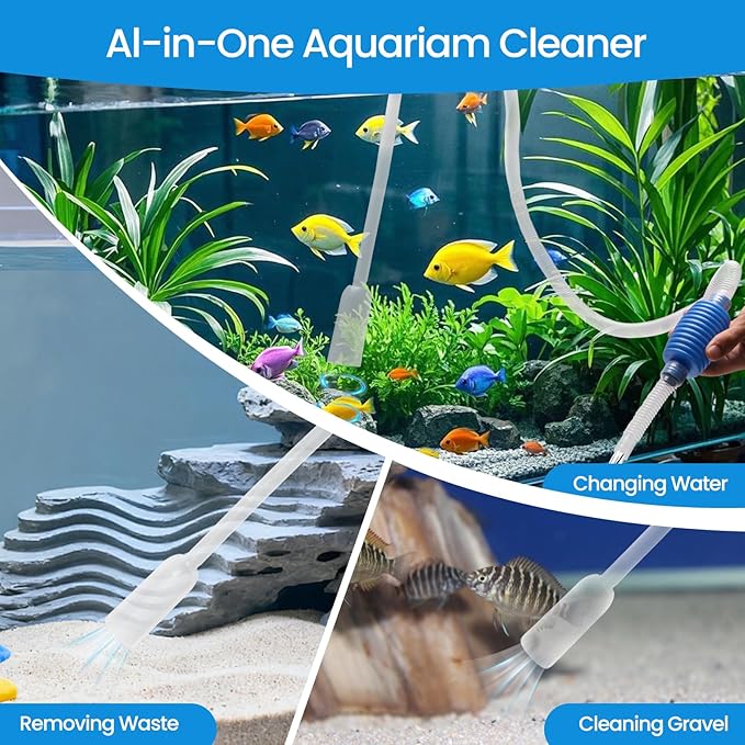 Gravel Vacuum for Aquarium Siphon, 6.4ft Fish Tank Siphon - Thick, Wide Tubing, Quick & Easy Waste Removal or Water Changes, Fish Tank Cleaner, Blue