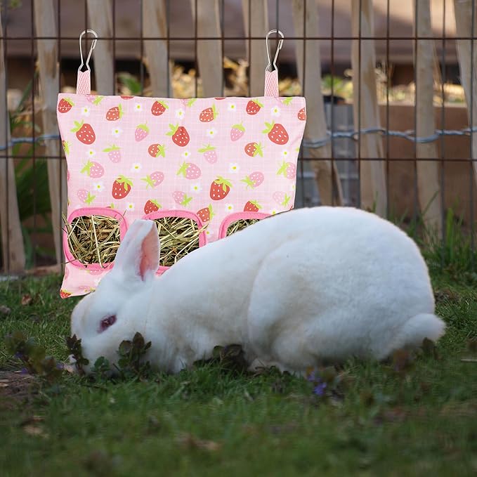 Lesnala 2pcs Bunny hay feeder Rabbit hay feeder bag Hanging guinea pig hay bag Large capacity cotton canvas fabric hay bag for Rabbits Bunny Chinchillas Hamsters and Other Small Pets(3 Holes,2 styles)
