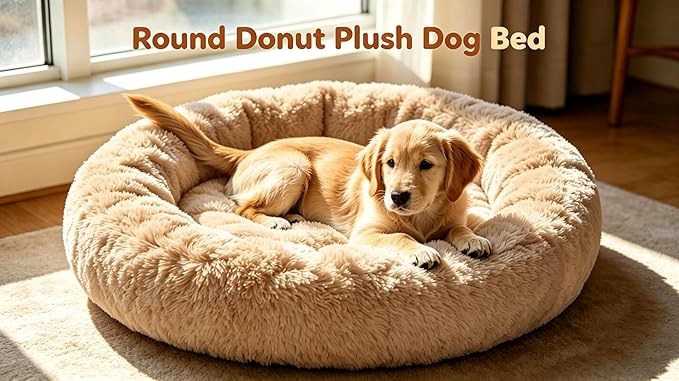 Calming Extra Large Donut Dog Bed, Round Soft Fluffy Plush Faux Fur Anti-Anxiety Washable Anti-Slip Pet Bed for Large Size Dog and Cat 32in （Camel）