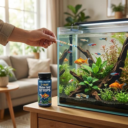 7-in-1 Pond & Fish Tank Test Strips - 100 Count | Fast 30s Water Test Kit for Carbonate, pH, Hardness, Chlorine, Nitrate, Nitrite | Freshwater & Saltwater Aquariums