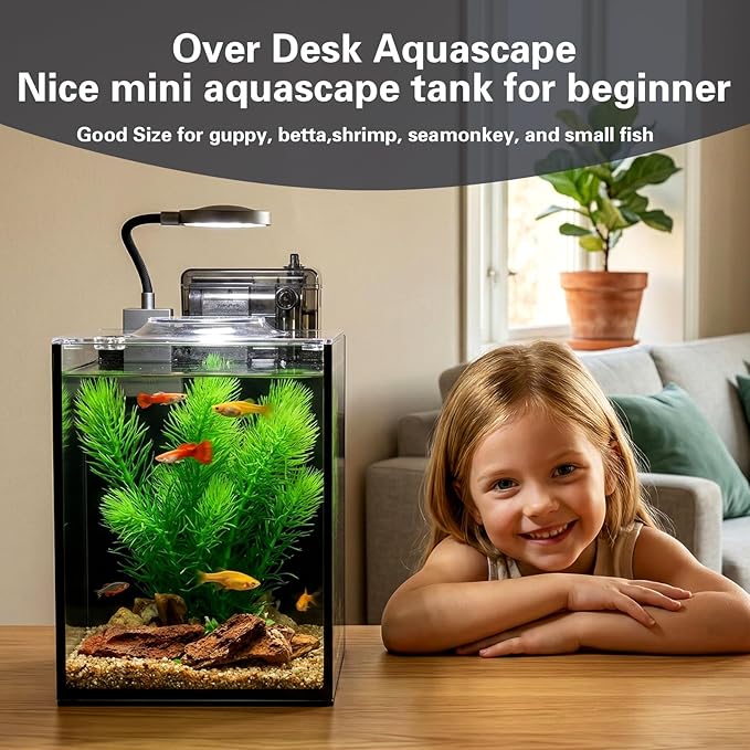 1.2 Gallon Small Aquarium Set Glass Fish Tank,Desktop Small Aquarium Kit for Beginners and Children to Keep Betta Fish, Goldfish, Shrimp, and Aquatic Plants (Black, 1.2 Gallon (Complete Kit))