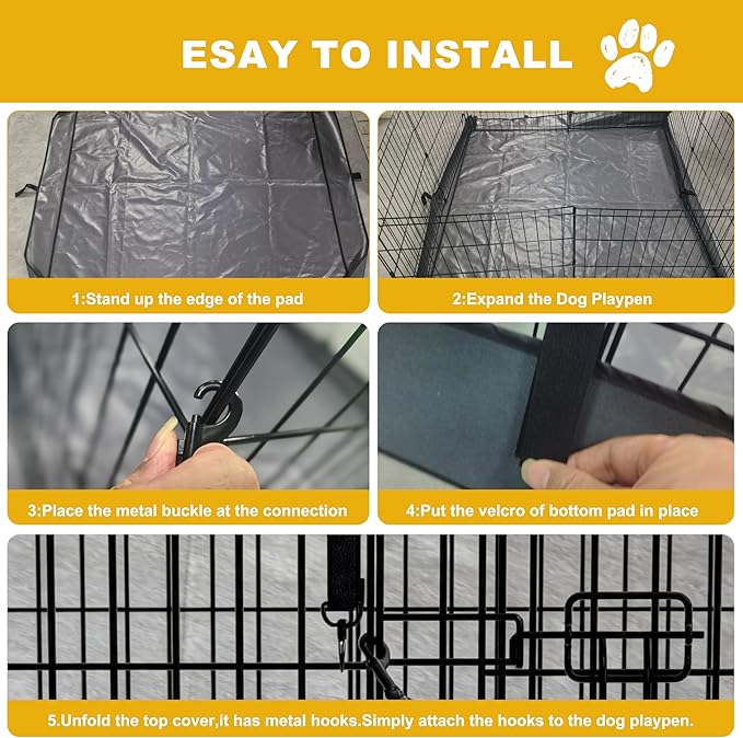 Dog Playpen with Top Cover and Bottom Pad - Foldable Metal Puppy Play Pen,24x24in 8 Panels Dog Playpen with Door for Indoor Outdoor,Heavy-Duty Pet Exercise Fence for Small Medium Animals