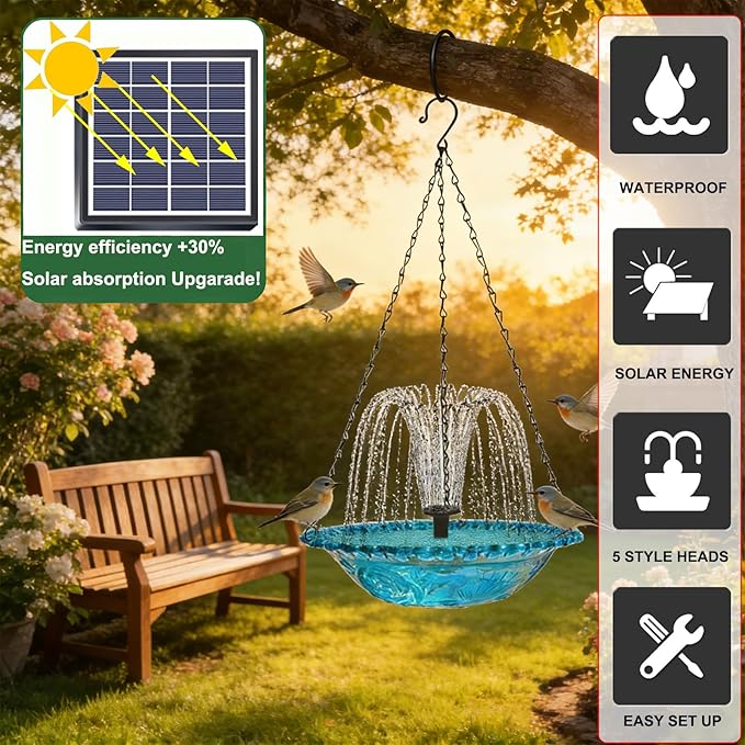 Solar Bird Bath Hanging with Fountain for Outdoors 15.7 Inch Metal Chains, Weather-Resistant Hanging Wildbird Feeder & Bath Tray for Garden, Patio