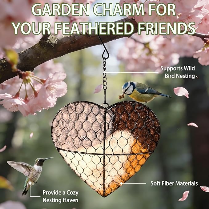 Bird Nesting Material Holder, Handmade Fiber Bird Nesting Heart with Refillable Material for Wild Bird, Hummingbird Houses Outdoor Garden Decoration Outside Gifts for Birds Lovers