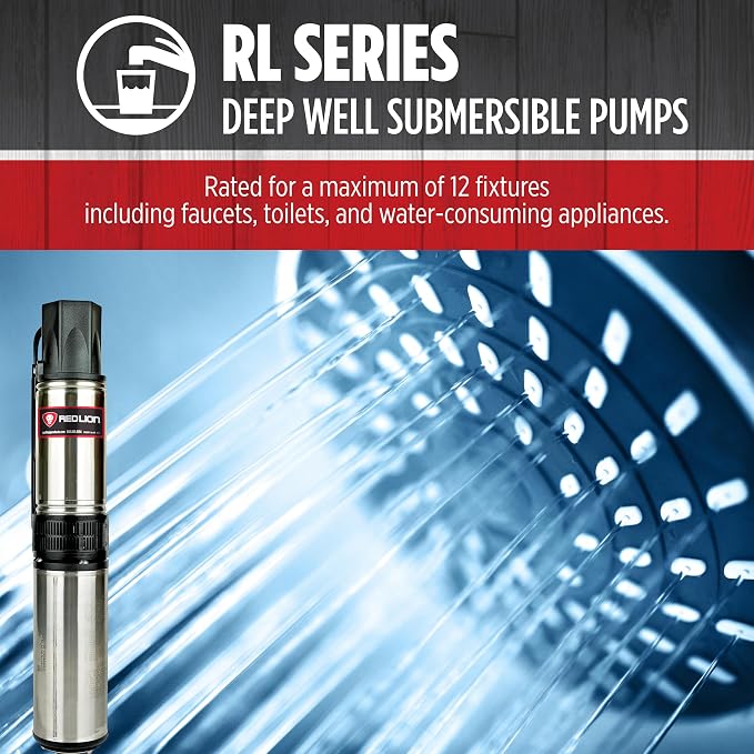 Red Lion RL12G05-2W1V Submersible Well Pump, 1/2 HP, 2-Wire, 115V, 12 GPM | For 4" or larger wells, Dependable performance for depths to 120', Steel casing with thermoplastic discharge, 14942401