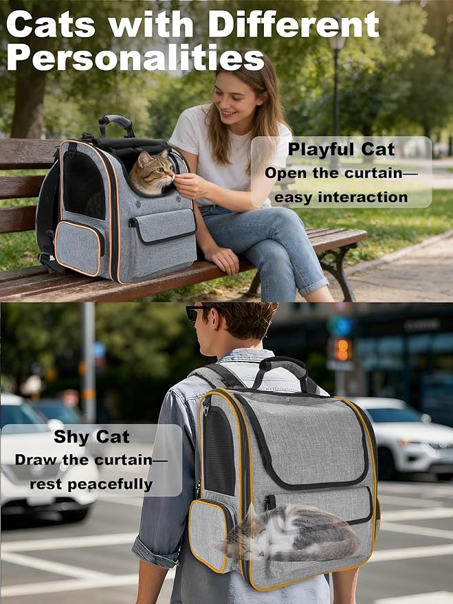 Expandable Cat Carriers for Cats and Small Dogs,Travel Bag with Breathable Mesh Windows, Anti-Escape Leash, Soft Cushion and Lightweight Design,Gray Orange