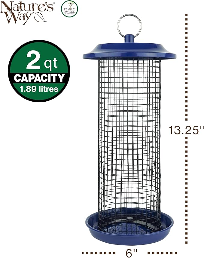 Nature's Way Cobalt Metal Mesh Mixed Seed and Peanut Bird Feeder for Wild Birds and Outdoor Décor, 2 Quart Capacity, Easy to Clean and Fill with Easy-Cling Mesh, Blue