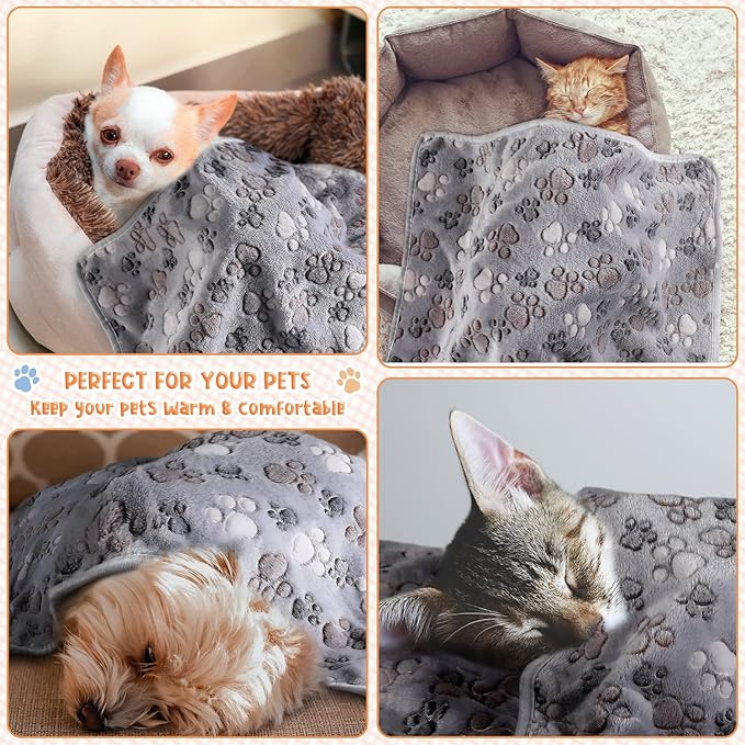 Tatuo 4 Pack Fleece Dog Blankets for Puppy Cats Multi-Size Sleep Mat for Pet Guinea Pig Soft Washable Warm Crate Bed Puppy Teething Toys Print Pattern Blanket Indoor(Gray,24 x 16 Inch,Paw)