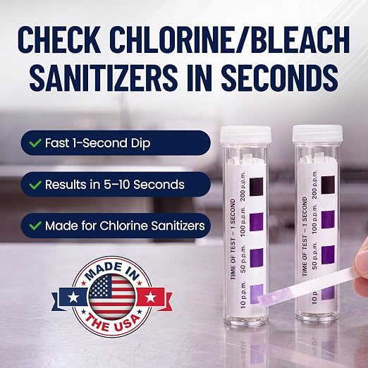 Chlorine Test Strips for Restaurants & Food Services, 20 x Vial of 100 Chlorine Sanitizer Testing Kits, Bleach Test Strip, 0-200PPM Testing Kit Sanitizing Solution for Kitchen & Bar by FryOilSaver Co.