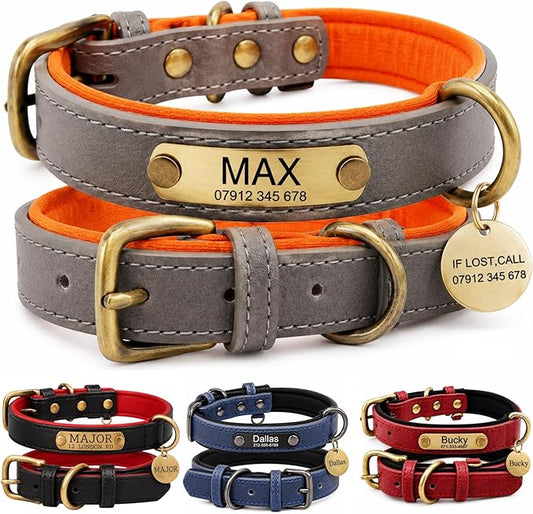 Leather Dog Collar Personalised and Leash Set, Personalized with Soft Padded Design Heavy Duty Featuring Custom Engraved Name Plate for Small Medium and Large Dogs