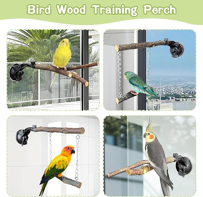 BNOSDM 2 Pcs Bird Perch Stand, Parrot Wood Perch with Strong Suction Cup, Movable Perches Stand Bird Training Set, for Window Shower Bathroom Ceramic Tiles for Parrots, Parakeets, Budgies, Lovebirds