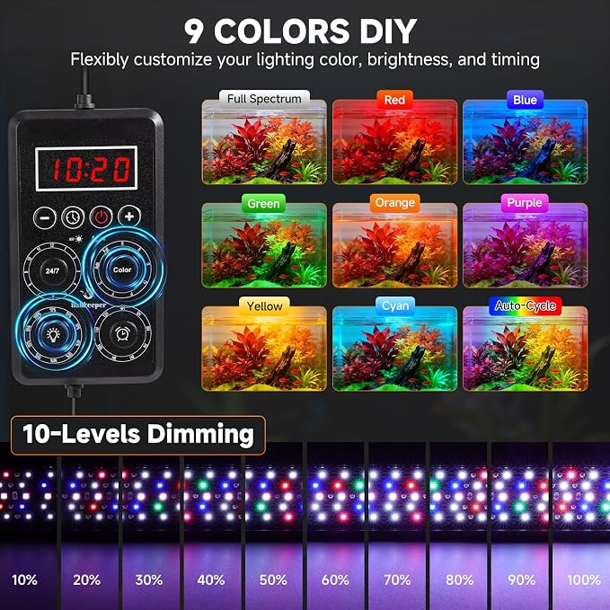 fishkeeper LED Aquarium Light for Plants, 24/7 & DIY Mode, IP68 Waterproof | 3-Second Start 24/7 Lighting Cycle, Full Spectrum Fish Tank Light with Timer, 9 Colors, 10 Brightness for 32-40in Freshwater