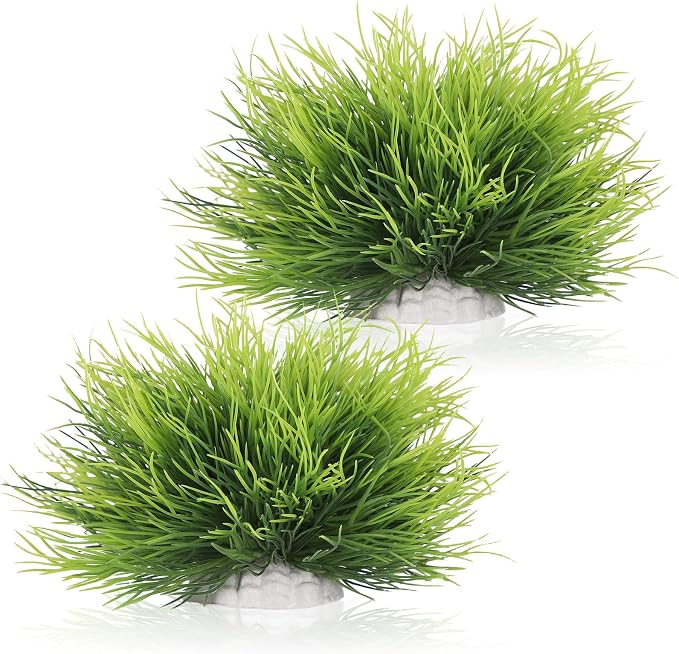 IBWell 2pcs Artificial Aquarium Mini Plants Decor Green Grass Plastic Hideout Waterscape Ornament Fish Tank Accessories for Turtle Betta Hides - Small
