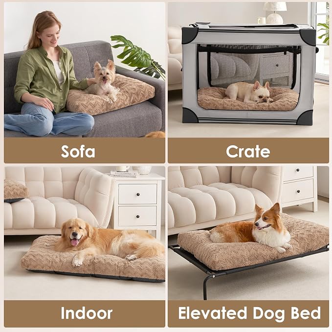 EHEYCIGA Washable Medium Dog Bed for Crate 29x21 Inch, Kennel Pad for Dogs Up to 35 lbs, Plush and Comfy Pet Sleeping Mat, Camel