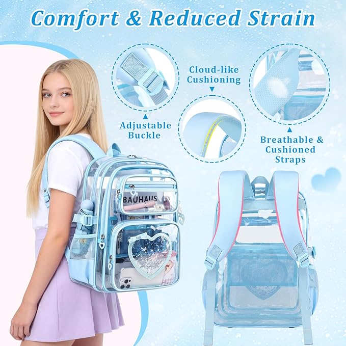 Clear Backpack for School Girls, Cute Heavy Duty PVC Transparent Bookbag, See-Through Bag for Stadium Event Blue