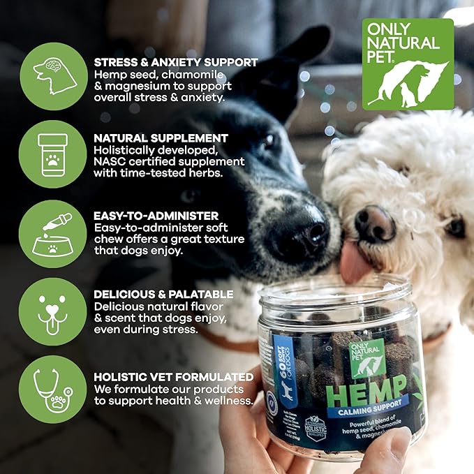Only Natural Pet - Natural Hemp Soft Chew Bites for Dog Stress & Anxiety Relief - L-Theanine, Chamomile & Lemon Balm - Calming Chews for Dogs - 60 Count