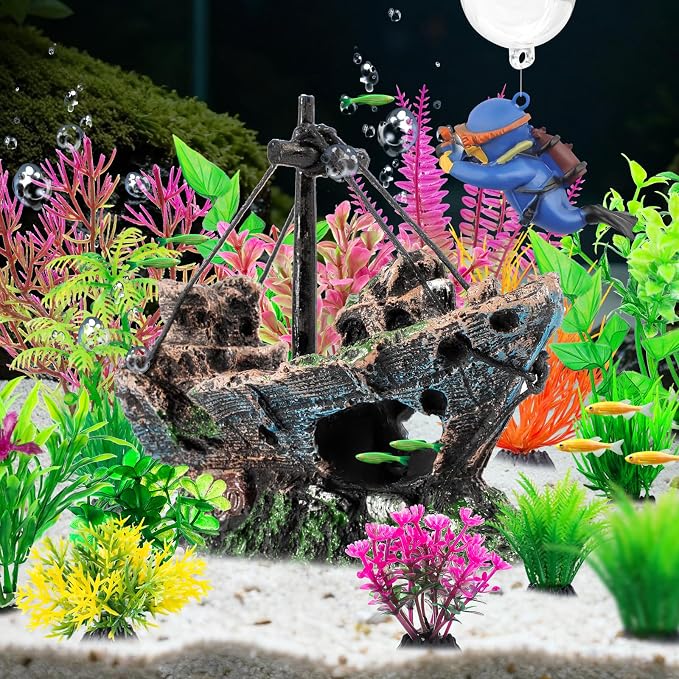 16 Pcs Aquarium Decor Set Shipwreck Decoration Little Diver Floating Fish Tank Decoration Fish Tank Plants