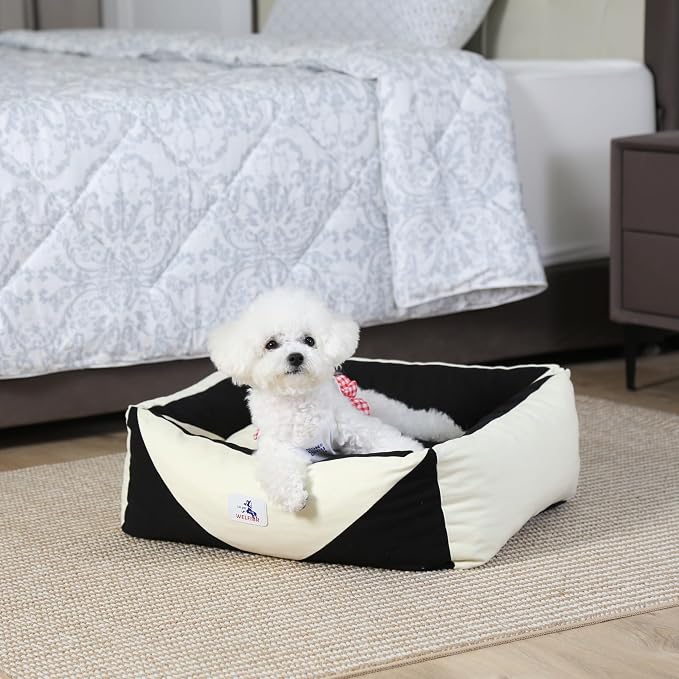 Cotton Canvas Dog Bed, Cute Dog Beds for Small Dogs, Puppy Bed with Washable Removable Cover, Durable 290 GSM Cotton Anti-Chewing Pet Bed with Anti-Slip Bottom (24"x20"x8", Black&White)