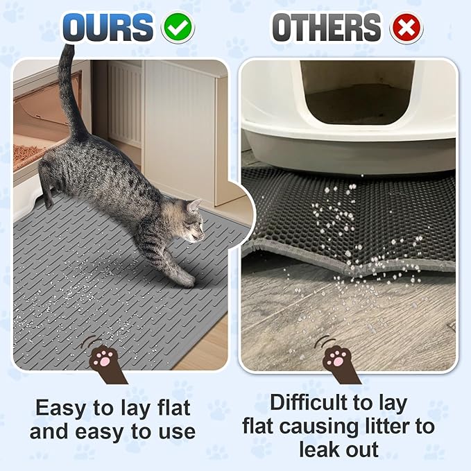 MEWTOGO Easy Clean Silicone Cat Mat for Litter Box - 33.7" x 22" Waterproof Non-Slip Kitty Litter Trapping Mat for Protecting Floor, Less-Mess Food Water Mat for Indoor, Gray