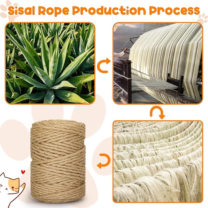 328FT/100M Cat Scratching Sisal Rope, 6mm 1/4 inch Thick Natural Jute Rope for Scratch Posts, Cat Trees, DIY Projects, Sisal Rope for Cat Scratcher with 2 Cat Mouse Toys (Natural, 328ft)