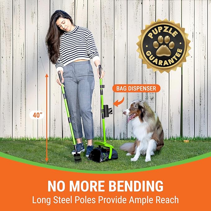Pupzle Dry & Wet Dog Pooper Scooper with Bag Attachment, 40" Long Handle Pooper Scooper for Large Dogs, Dog Poop Scoop for Yard, Large Capacity Swivel Bin and Rake, 75 Bags, Patent Pending
