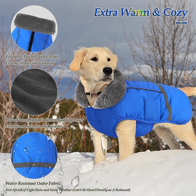 Dogcheer Warm Dog Coat, Waterproof Dog Jacket Christmas Puppy Winter Coat with Buckle, Reflective Adjustable Pet Snow Jacket Turtleneck Fleece Sweater for Small Medium Large Dogs - Blue, XL