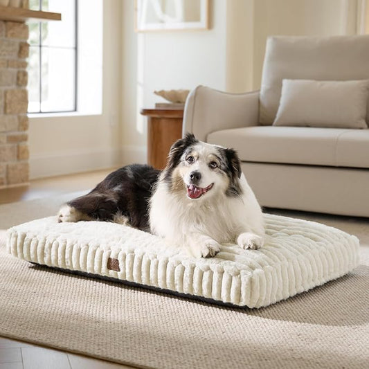 Bedsure ComfyFleece™ Fluffy XL Dog Bed Extra Large Crate Pillow 41x27 Cream | Aesthetic Crate Bed for Balanced Support Cute Chopped Foam Pad with Removable Washable Cover Non-Slip Waterproof Cozy Pet Mat