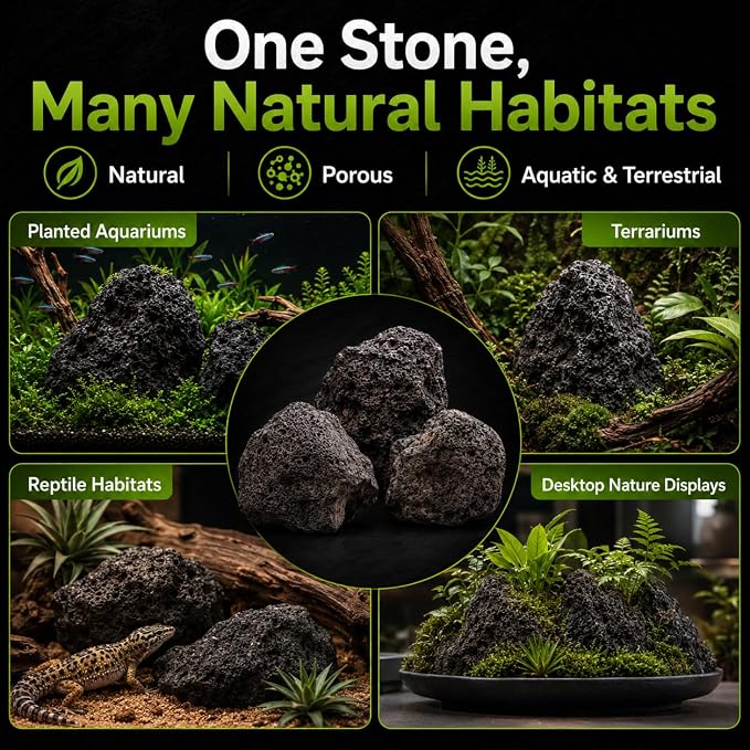 8–10 Inches Natural Black Lava Rocks, 3 PCS Large Aquarium Stones for Aquascaping, Fish Tank Centerpiece Decor, Planted Tanks, Terrariums & Reptile Habitats (Large 8–10 in)
