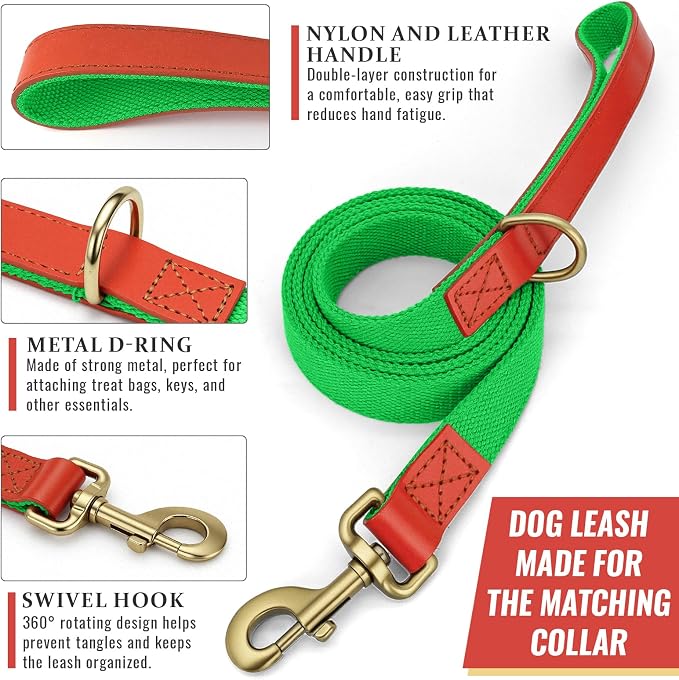 Dog Collar and Leash Set with Metal Quick Release Buckle, Adjustable, Breathable Nylon, Durable, Soft and Comfortable, No Pull for Walking and Training, Fluorescent Green, L (14.9"-22.8")