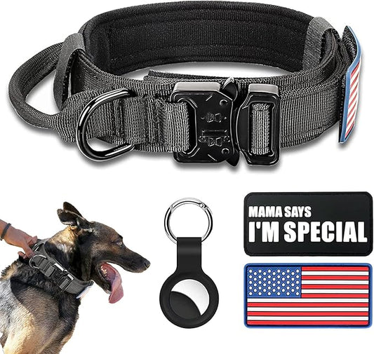 Tactical Nylon Dog Collar - Heavy Duty Metal Buckle with Handle for Dog Training, with Patches (XL, Black)