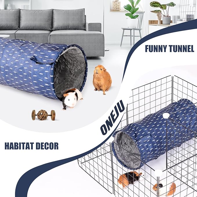 Rabbit Tunnel - Guinea Pig Tunnel, Guinea Pig Tube, 2-Way Small Pet Play Tube, Folds Flat for Storage, Ideal for Adult Small Pets, Dark Blue, Leaf Pattern