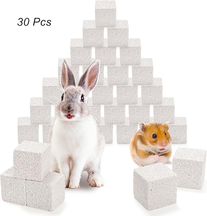 DEAYOU 30 Pack Small Animal Lava Bites, Hamster Teeth Grinding Block, Bunny Chew Toys, Natural Mineral Calcium Square Stone for Chinchilla, Squirrel, Rat, Parrot, Rabbit, Guinea Pig, 1.57"×1.57"×1.57"