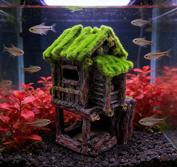 M2cbridge Aquarium Decorations Fish Hideout House Betta Cave with Green Lifelike Moss (Style 4)