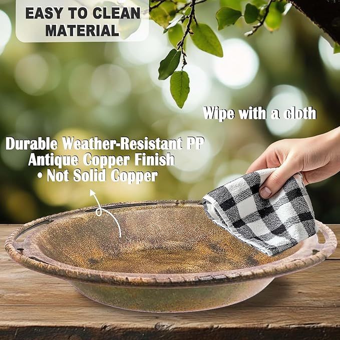 Hanging Bird Bath & Feeder Bowl, 12 in Outdoor Bird Bath with Chains, Durable Weather-Resistant PP, Antique Copper Finish, Backyard Garden Decor