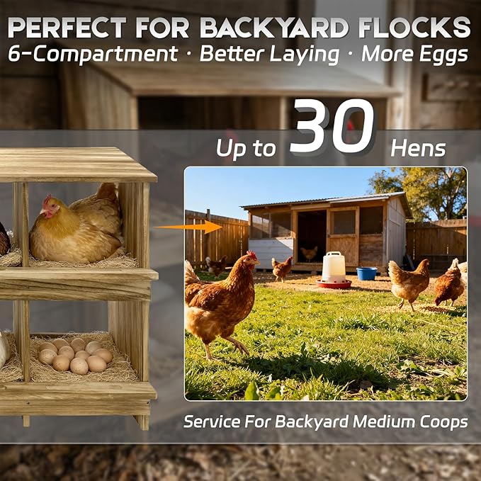 6 Holes Gold Standard Chicken Nesting Box for Laying Eggs, Two-Tier Wooden Nesting Boxes for Chickens, Farmhouse Series Laying Box for Hens, Ducks and Birds
